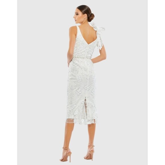 MAC DUGGAL Size 12 White Floral Embellished V-Neck Cocktail MIDI Dress Wedding - Picture 3 of 11
